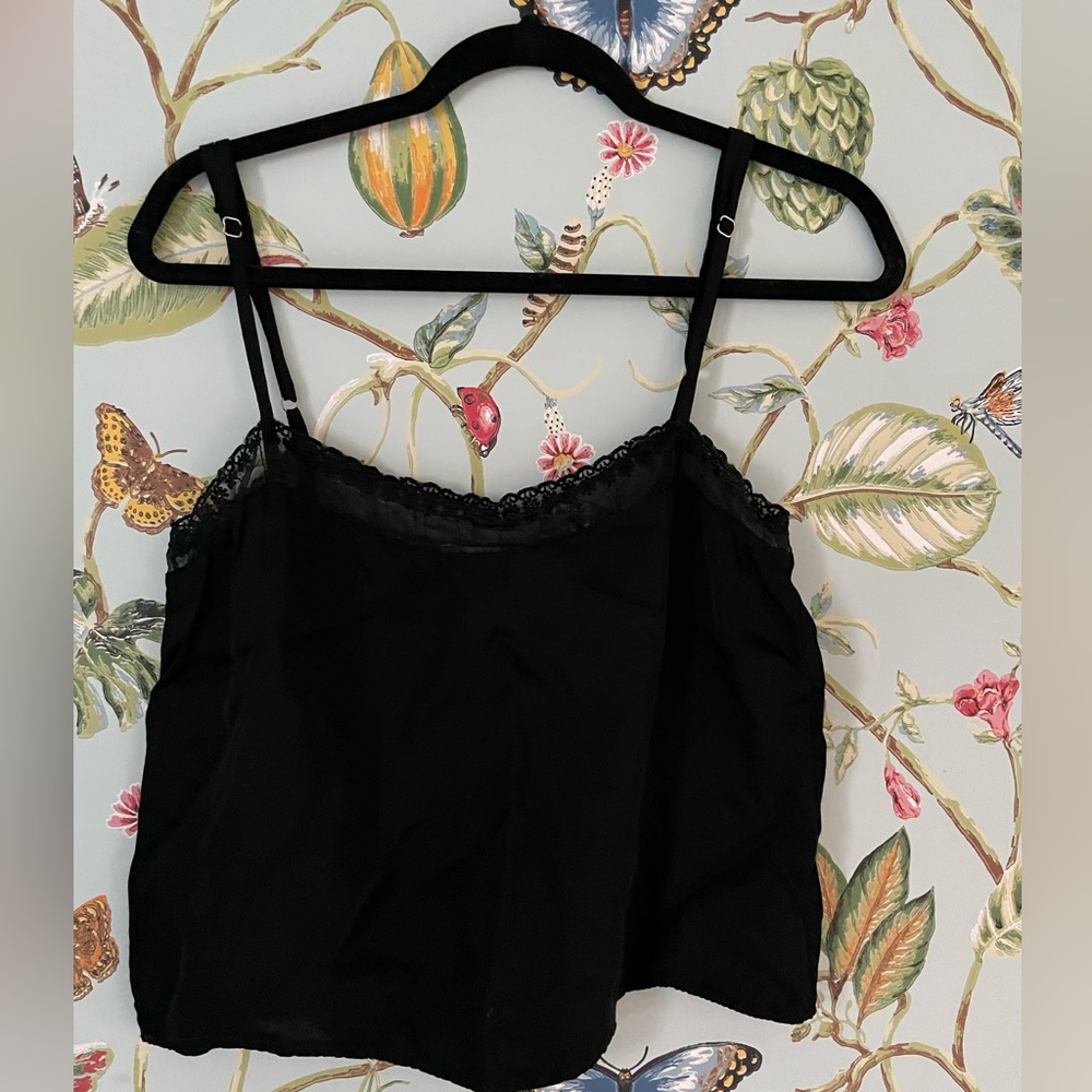 Silky black tank top with sheer lace detailing